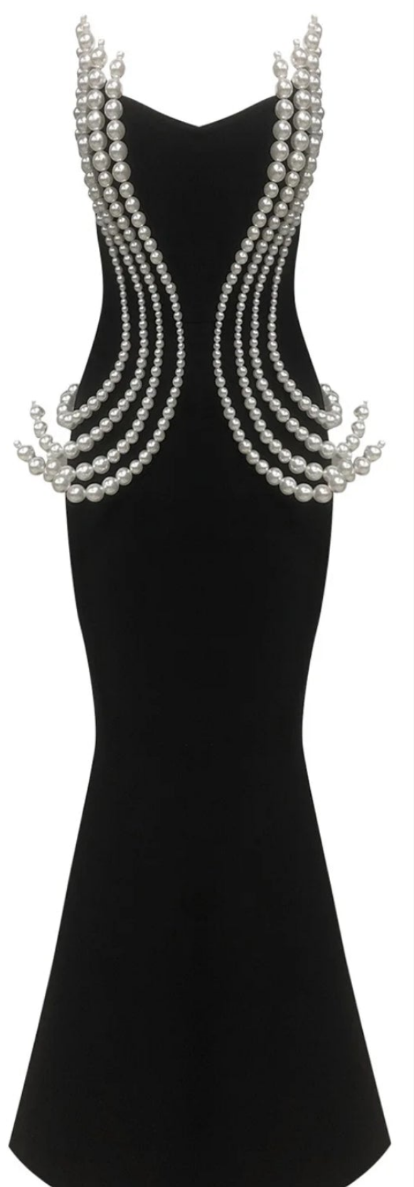 Pearls Beaded Strapless Mermaid Maxi Dress-Black COCOMONEY