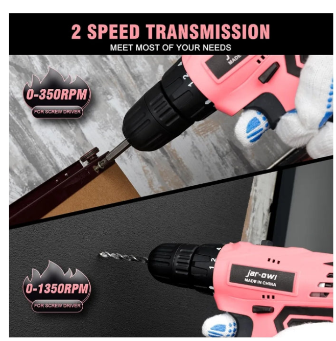 Jar-Owl 21V Pink Cordless Drill Set for Women,350 in-lb Torque, 0-1350RMP Variable Speed, 10MM 3/8'' Keyless Chuck, 18+1 Clutch, 1.5Ah Li-Ion Battery & Charger for Home DIY and Repair - Black & Pink