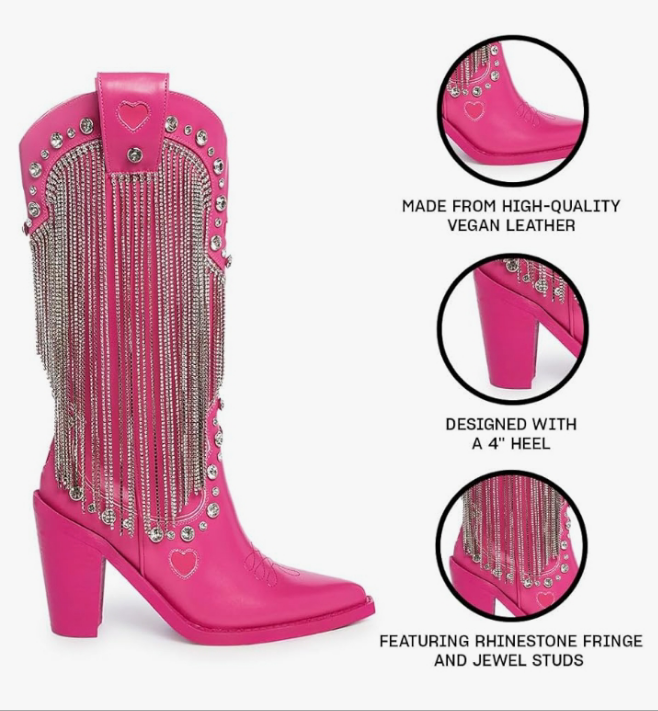 Cowbirl Boots - Vegan Leather Footwear With Rhinestone Fringe and Jewel Studs