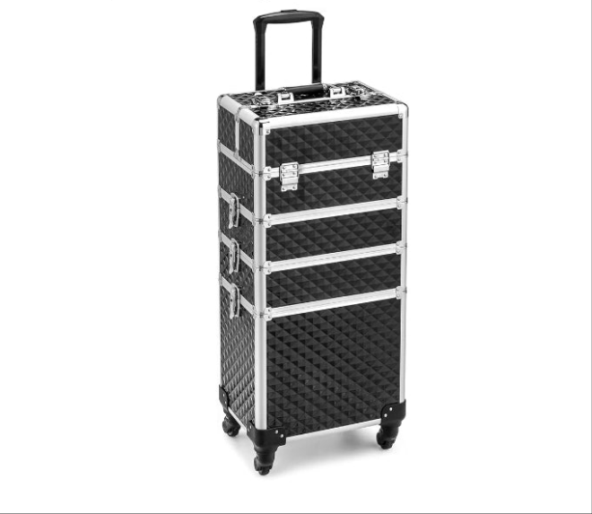 4 in 1 Rolling Makeup Train Case, Aluminum Makeup Travel Organizer Cosmetic Case, Cosmetology Display Suitcase on Wheels, Beauty Storage Luggage Lockable w/4 Removable Wheels