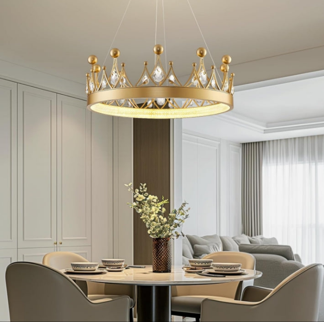 Crystal Chandelier D23.6'' Gold Round LED Crown Chandelier Contemporary Semi Flush Mount Ceiling Light for Nursery Girls Room Dining Room Bedroom