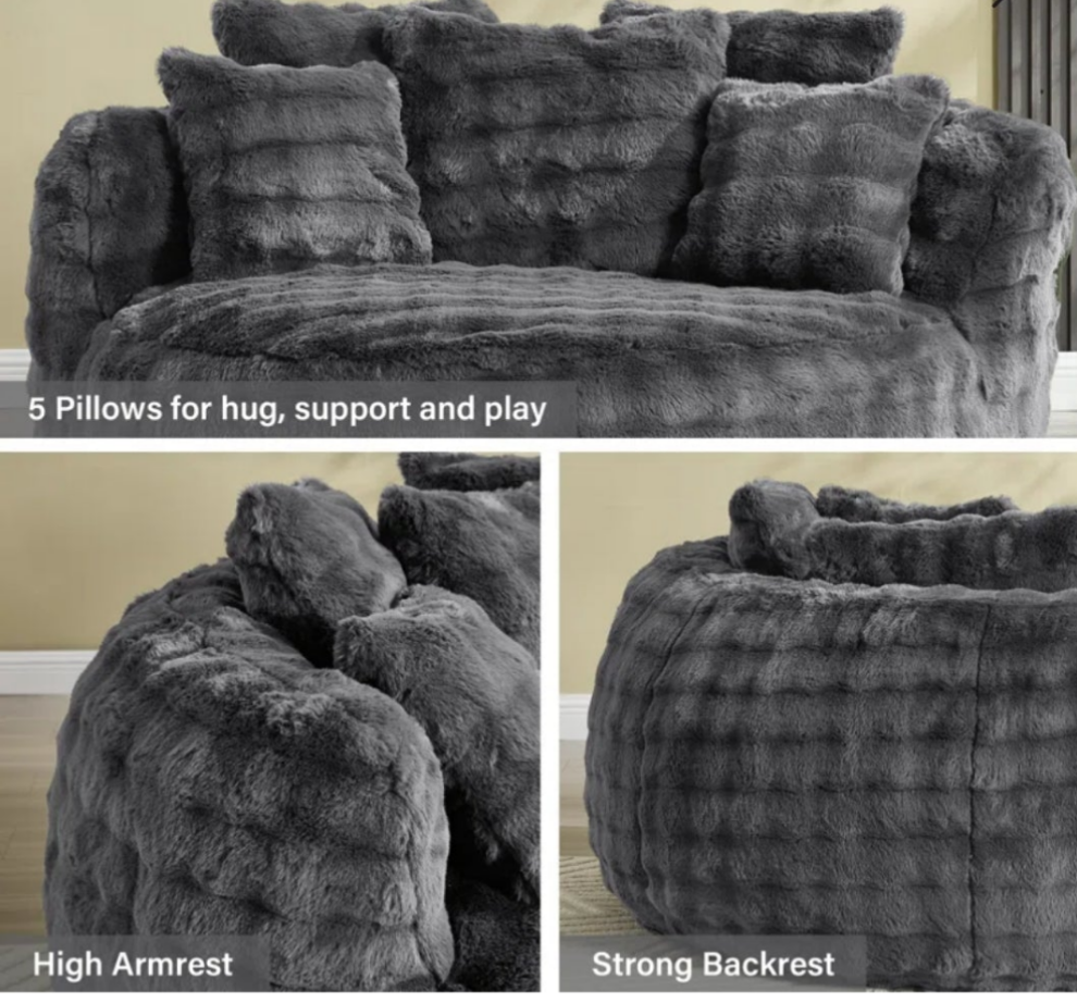 Oversized Faux Fur Round Barrel Accent Chair Pillow Back Large Sofa Chair, No Assembly Required