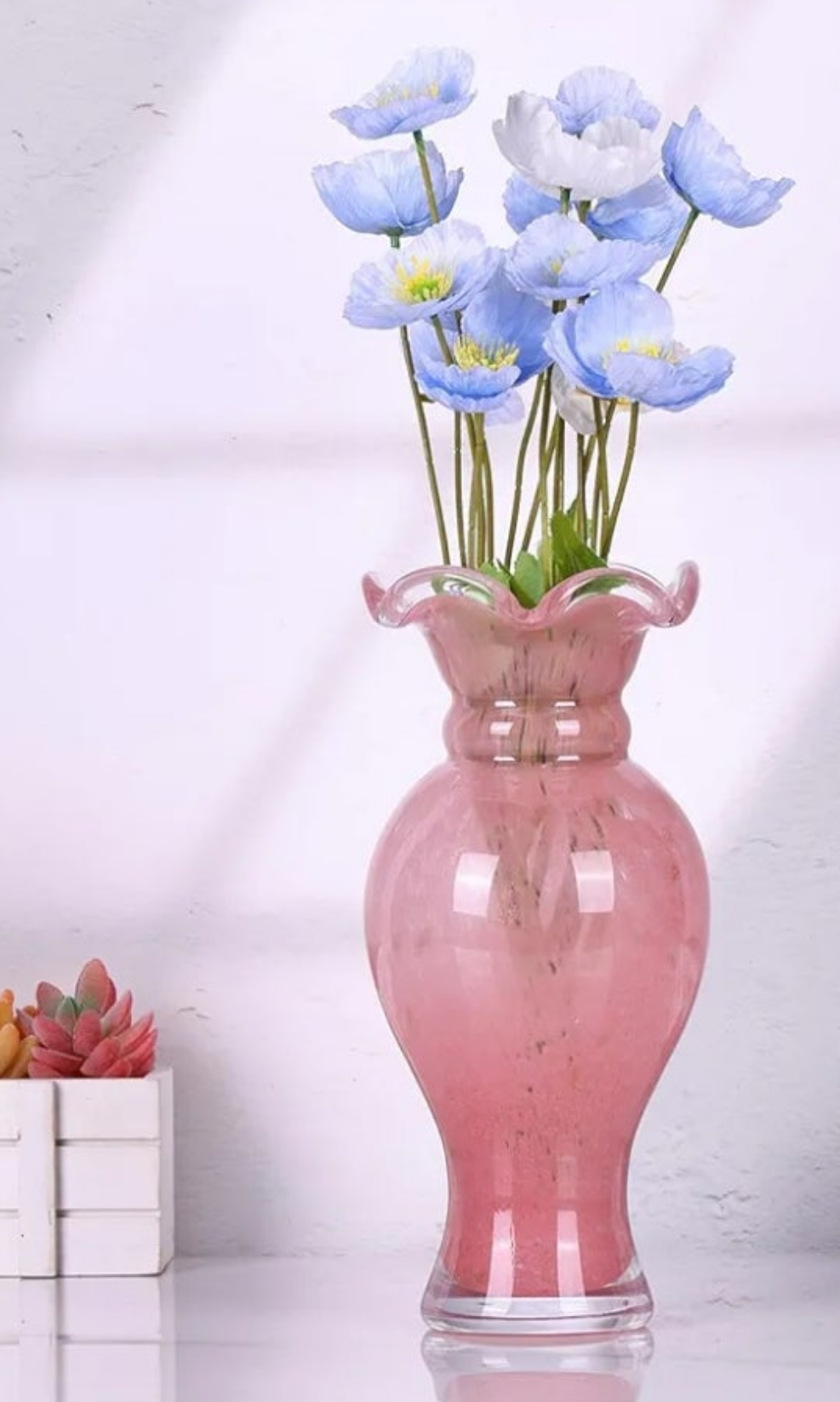 Hand Blown Glass Vase - Pink Glass Vase with Wide Mouth Decorative Centerpiece for Office, Dining Room Table, Mantelpiece and Wedding Table