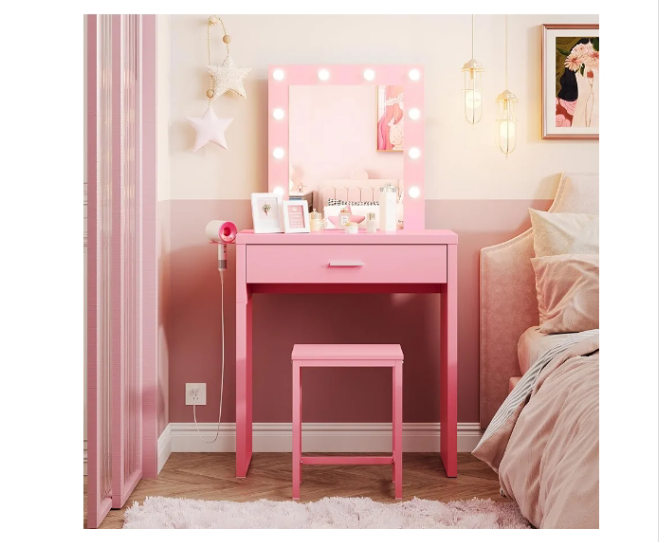 Makeup Vanity Desk with Mirror and Lights, Black Vanity Table and Chair Set, Brightness Adjustable, Small Vanity