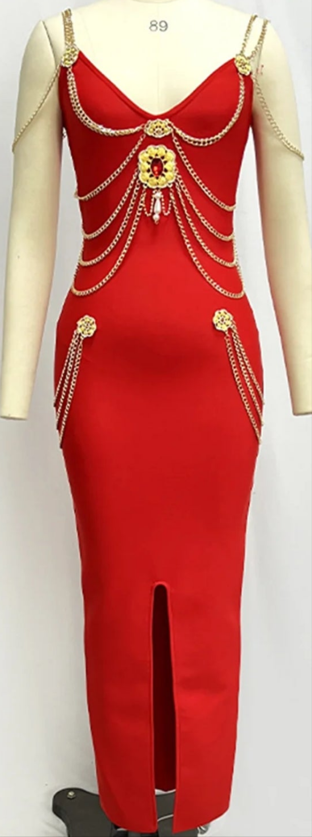 COCOMONEY V Neck Rhinestone Chain Split Maxi Dress-