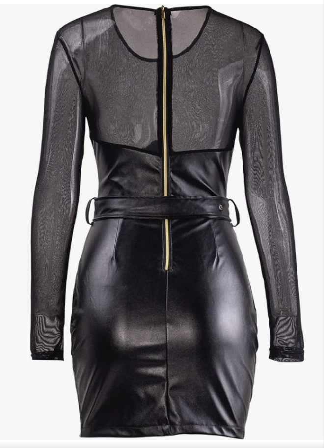Sexy Faux Leather Mini Dress Sheer Mesh Patchwork Long Sleeve Bodycon Dresses Party Club Outfits