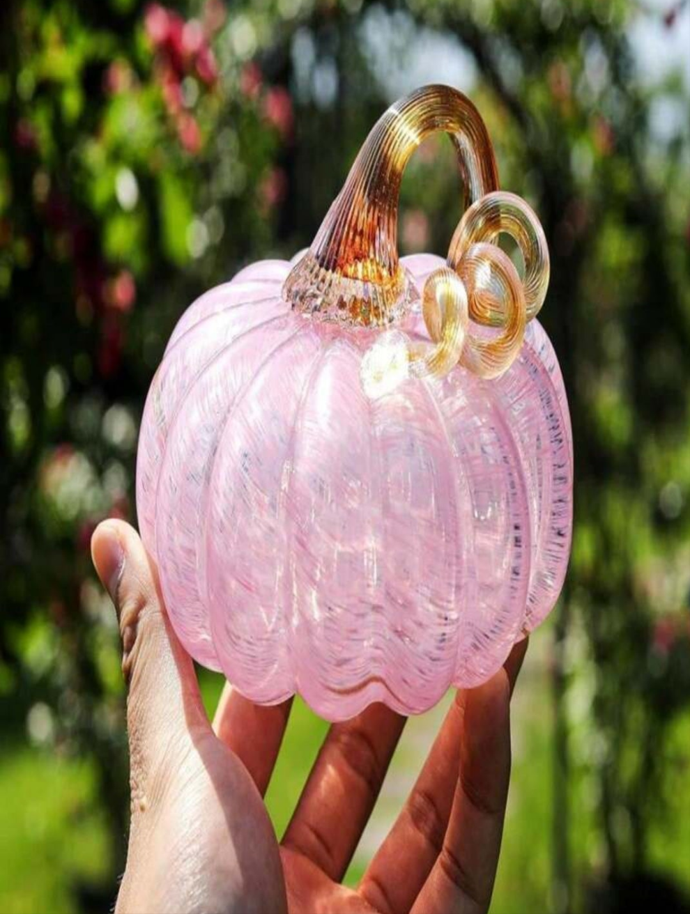 Hand Blown Glass Pumpkin Figurines 52 X 37 Inch Crystal Fake Pumpkin Deorative Ornaments For Tabletop, Halloween, Thanksgiving, Fall Harvest Pink
