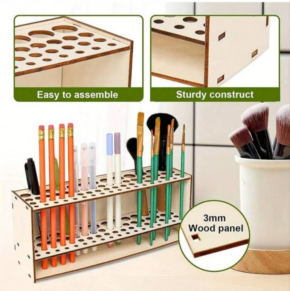 67-Slot Premium Wooden Brush Holder - Durable Artist Desk Organizer, Pencil & Paint Brushes Storage, Elegant Art & Craft Supplies Organizer