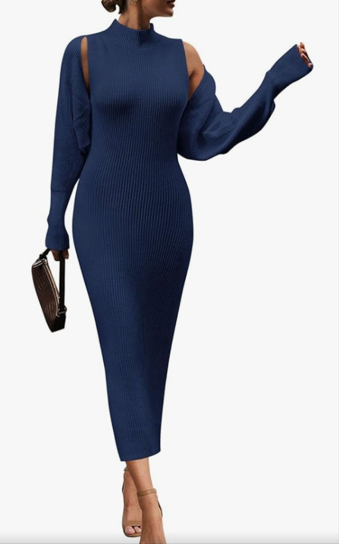 2 Piece Outfit Bodycon Maxi Tank Pullover Sweater Dress and Long Sleeve Cropped Cardigan Knit Sets