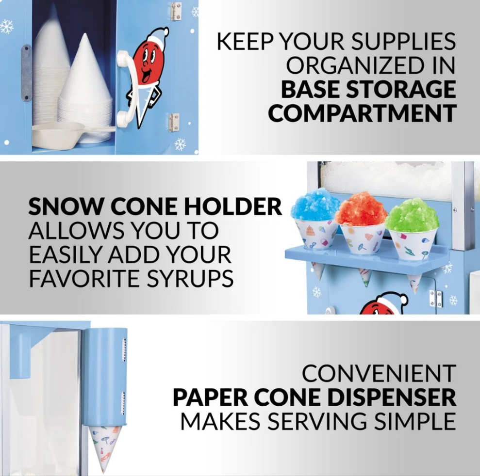 Tall Snow Cone Cart, Makes 72 Icy Treats, Includes Metal Scoop, 2 Syrup Bottles, 100 Paper Cups/Spoons, Storage Compartment, Wheels For Easy