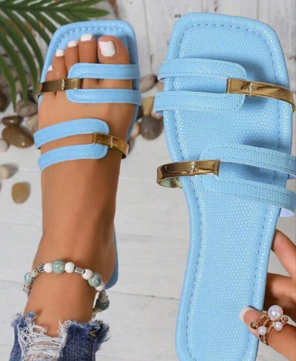 Slip-On Square Toe Flat Anti-Slip Wear-Resistant Gold Stripe Hollow Open Toe Purple Slippers, Match With Dresses, Leggings, Casual Pants, Shorts, Mini Skirts, Slip-On Sandals For Women, Spring, Summer, Autumn,