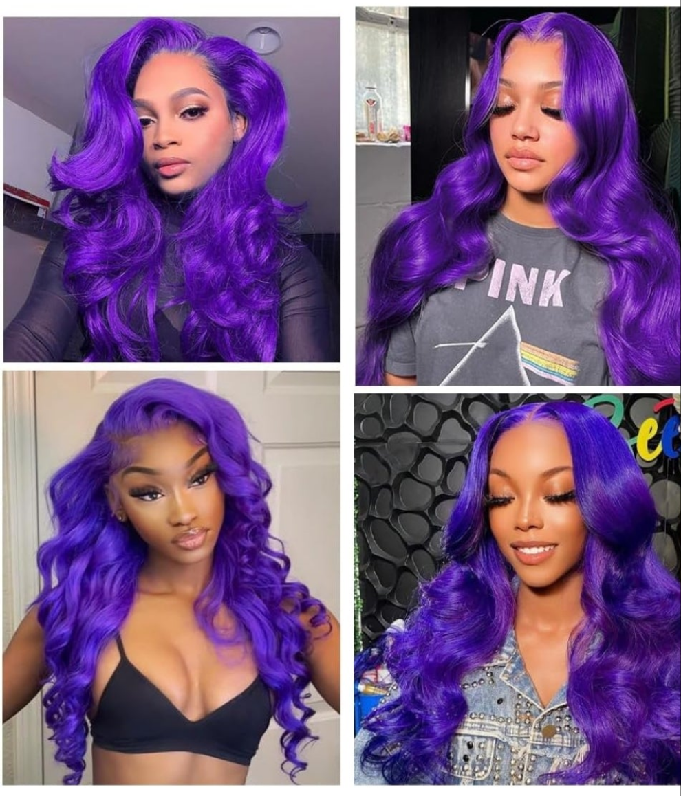 COCOMONEY Purple wig Human Hair Body Wave Human Hair Wig Pre Plucked 200 Densily Purple Lace Front Wig Human Hair 13x4 HD Lace Frontal wig 24 Inch