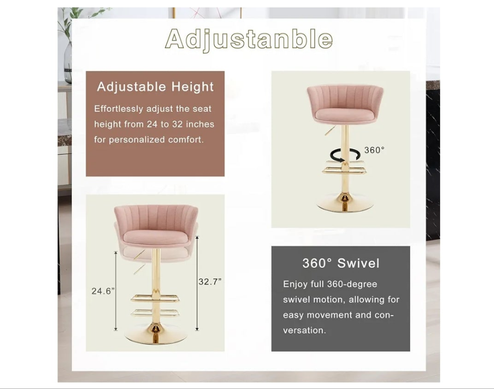 Swivel Bar Stools Set, Velvet Upholstered Bar stools with Golden Metal Adjustable Legs, Modern Barstools with Back for Kitchen, Dining Room, Counter,