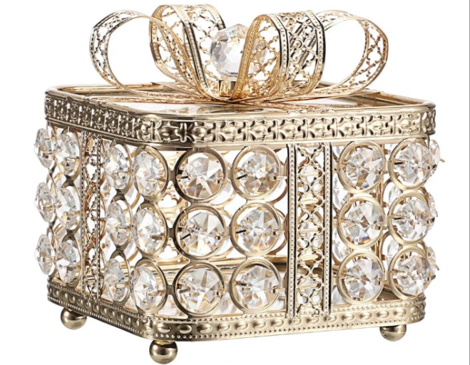Crystal Jewelry Box Trinket Organizer with Glass Lid Mirrored Treasure Chest Box Decorative Jewelry Storage Box