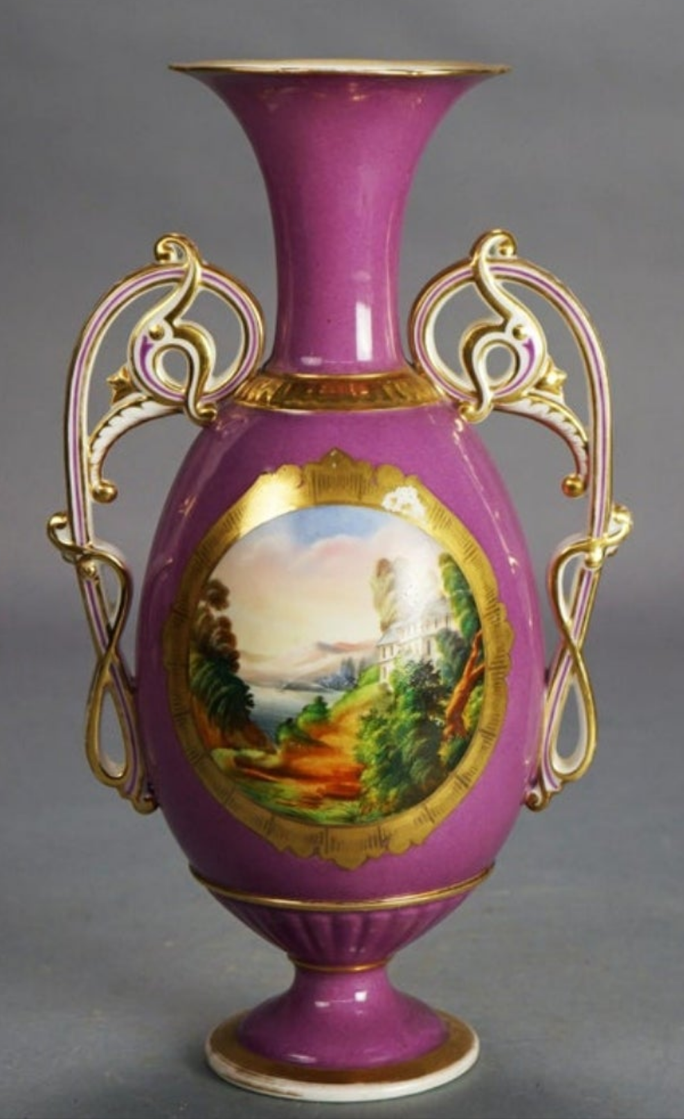 Antique Old Paris Porcelain Scenic Landscape Vase with Scroll Form Handles