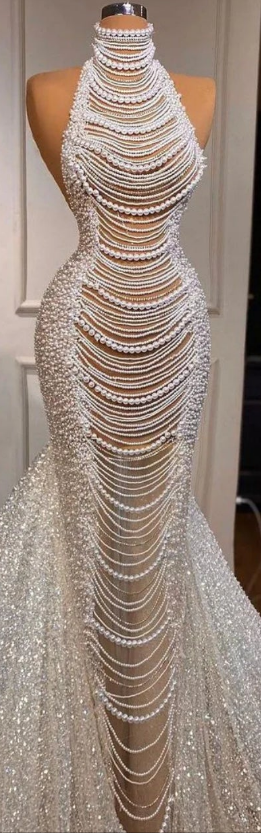 Long Mermaid Halter Beading Sleeveless Wedding Dress With Pearls