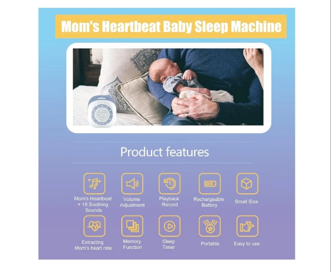 Mom's Heartbeat Baby Sleep Soother Sound Machine – Portable Rechargeable with 19 Soothing Sounds, Heartbeat Playback, Crib & Stroller Strap – Ideal for Newborns, Infants & Baby Shower Registry