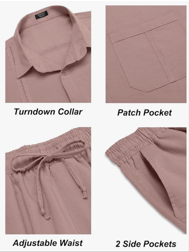 Mens Linen Sets 2 Piece Long Sleeve Button Down Cuban Shirt and Pants Set Summer Beach Set Outfits