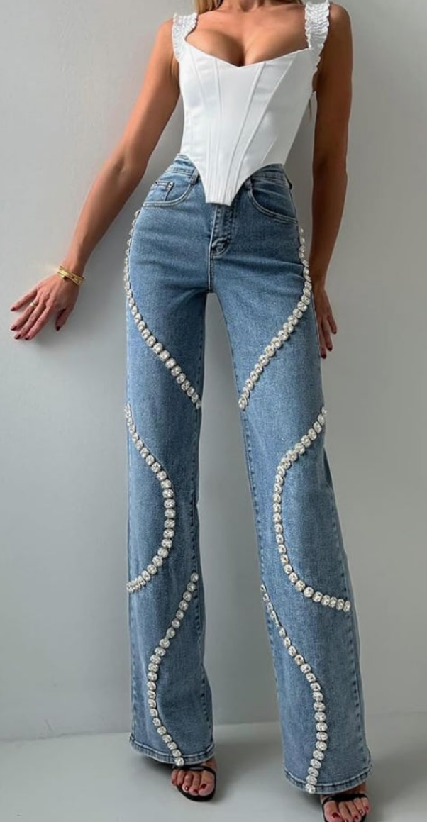 High waist Jeans Rhinestone Trim Bling Baggy Denim Pants Straight Wide Leg Trousers Streetwear
