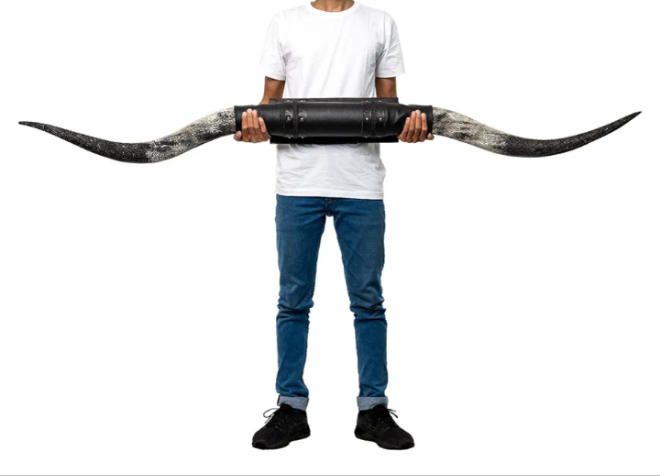 Authentic Real Bull Longhorn/Black Leather Horn Mount - Steer Horns/Unique Wall Hangings and Longhorn Wall Decor