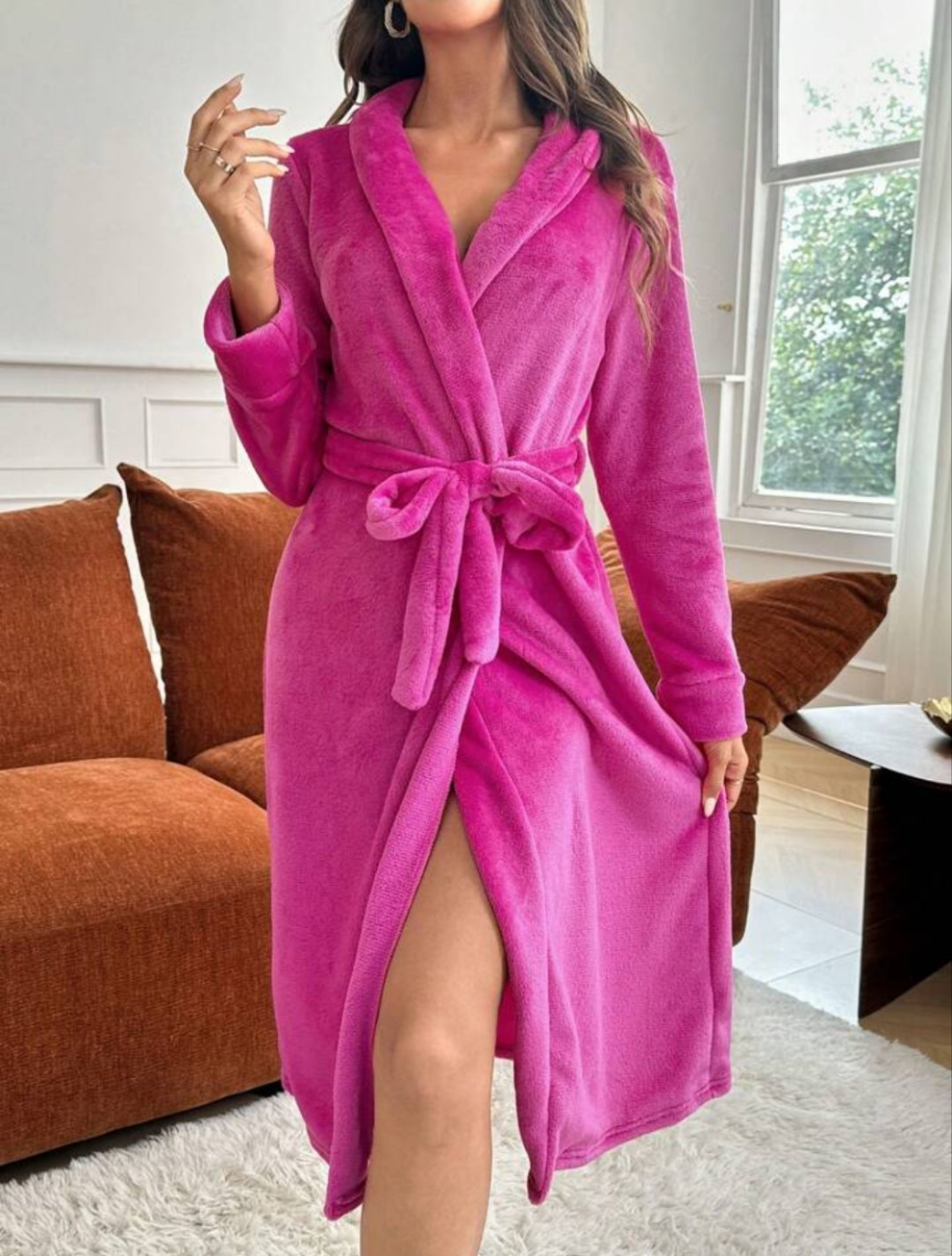 Solid Belted Flannel Robe Pink