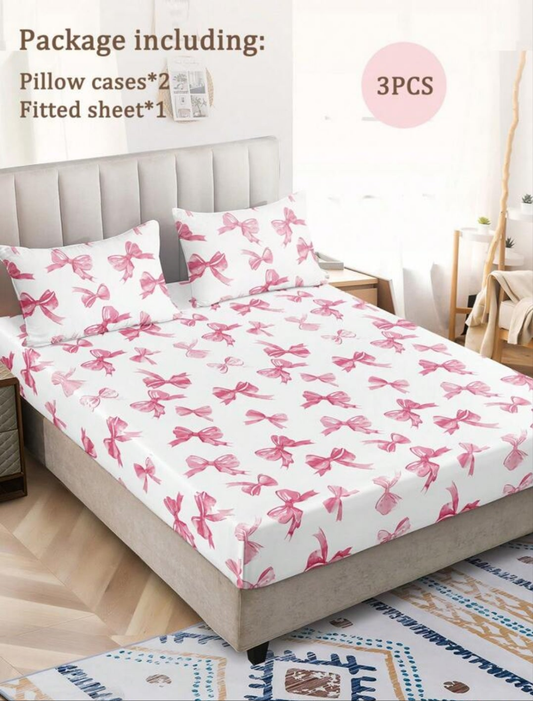 3pcs Watercolor Pink Bow Girly Cute Digital Print Bedding Set (1 Bedsheet + 2 Pillowcases, No Comforter), Daily Use Polyester Fiber Soft & Skin-Friendly, Suitable For Master/Guest/Kids Bedroom, All Seasons