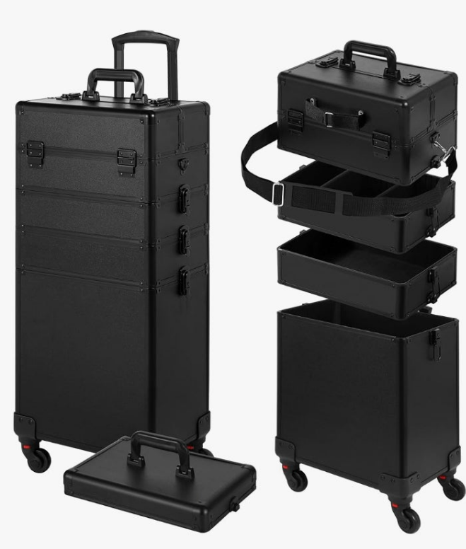 Rolling Makeup Case, Makeup Train Case with Lid, 5 in 1 Cosmetology Case on Wheels, Christmas Gift, Large Makeup Case Organizers, Profesional Cosmetic Case for Salon Barber,