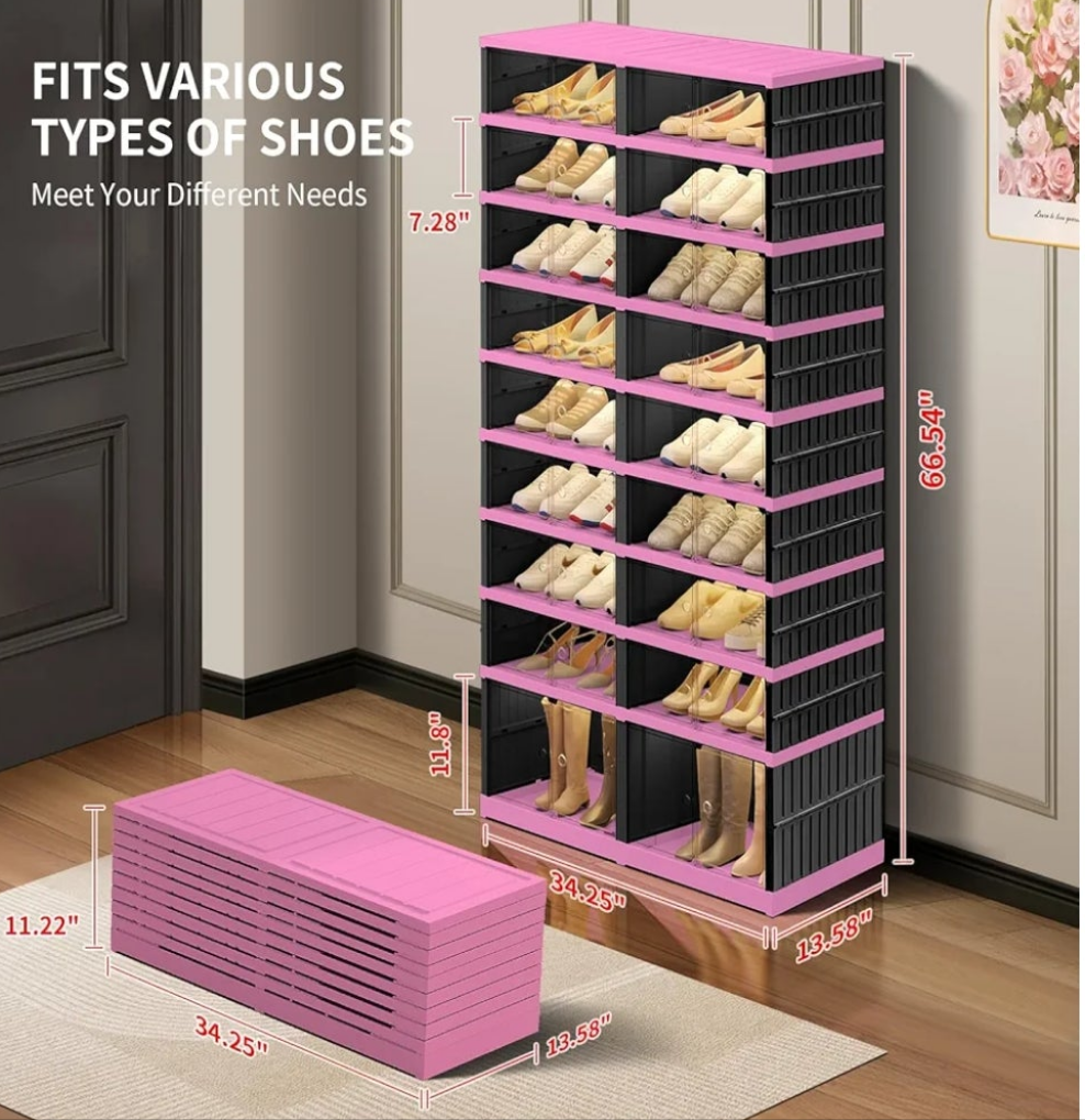 9-Tier "Foldable" Shoe Rack Organizer for Closet,36 Pairs Collapsible Plastic Shoe Shelf,Large Shoes Cabinet with Door,Clear Stackable Storage Box Easy Assembly(White-Pink)