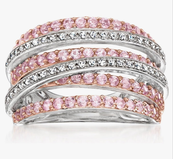 1.00 ct. t.w. Pink Sapphire and .15 ct. t.w. Diamond Highway Ring in 2-Tone Sterling Silver