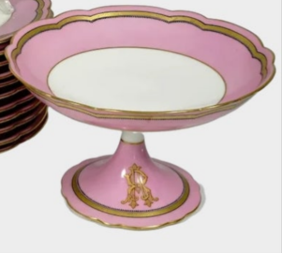 Antique French Old Paris Porcelain Pompadour Pink 15pc Dessert Service Hand Painted Gold Monogram