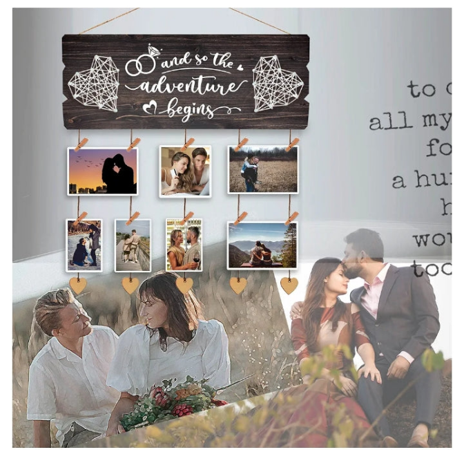 Wedding Engagement Gifts for Women Bride to Be - Couples Wall Picture Hanging Collage Board with Clips and Twine 15.8x6.0 Inches