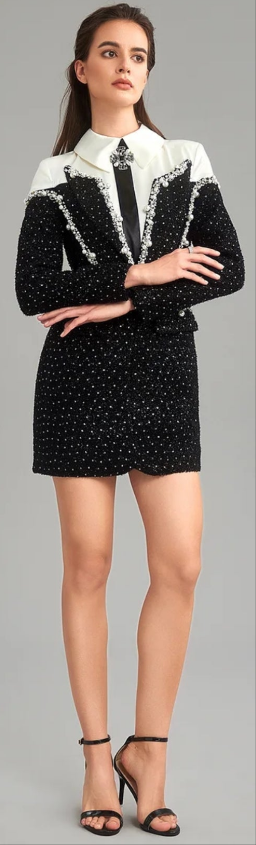 COCOMONEY Shirt Collar Sequin Pearl Decor Mini Dress-Black