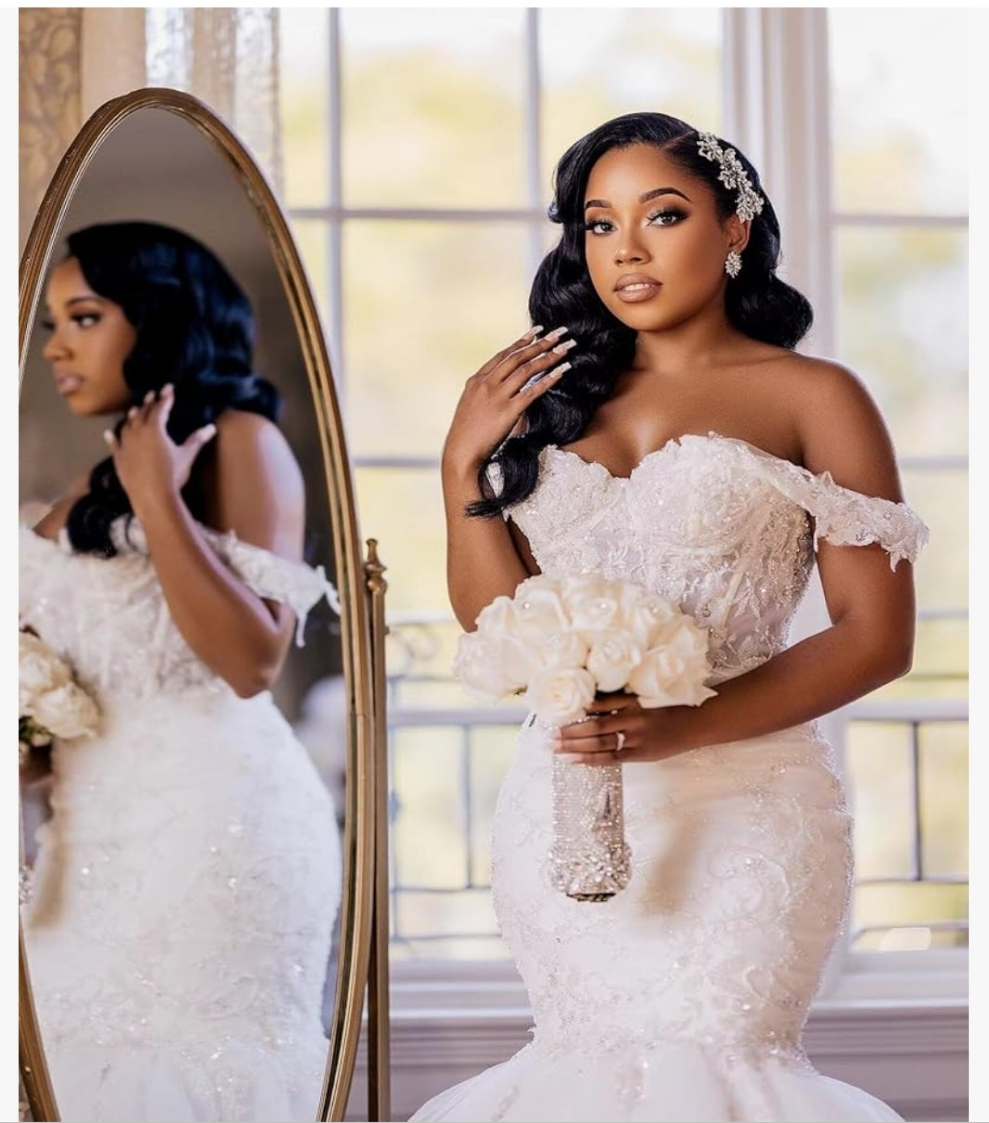 Tulle Mermaid Wedding Dresses for Bride Off Shoulder Lace up Beading Bridal Gowns