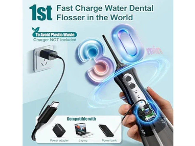 Water Dental Flosser Teeth Pick - Fast Charge Cordless Teeth Cleaner, 3 Modes Portable Oral Irrigator, IPX7 Waterproof Electric Water Dental Flosser for Tonsil Stone, 300ML Tank, Home Travel