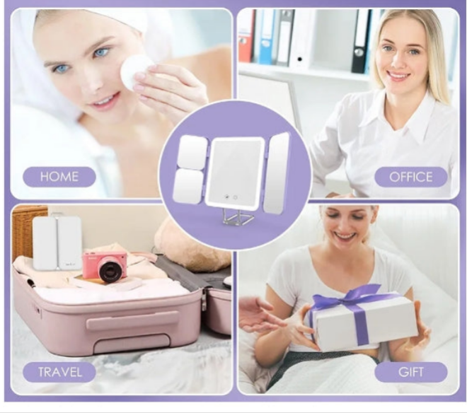 Travel Makeup Mirror, 64 LED Lighted Vanity Mirror with 1X 3X 7X Magnification, Tri-Fold Compact Mirror with Touch Light, Rechargeable,