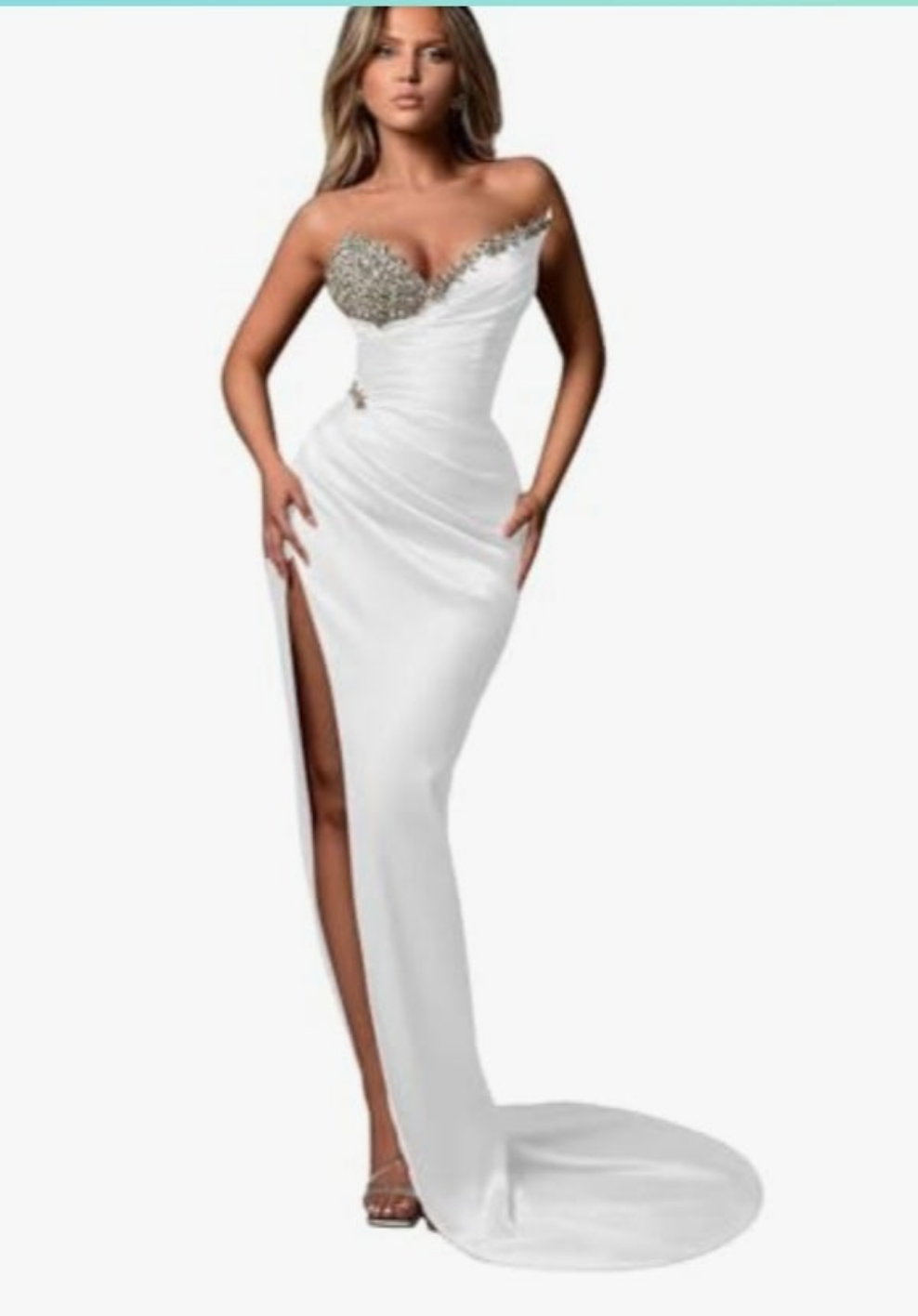 Strapless Beaded Mermaid Wedding Dresses for Women Long Satin Formal Evening Party Gowns with Slit