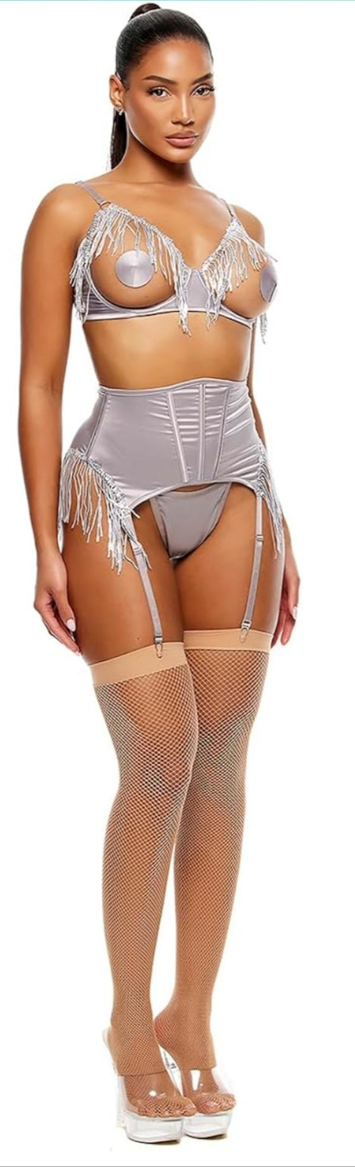 Peep Show Sequin Fringe Bra and Waist Cincher Lingerie Set Cocomoney