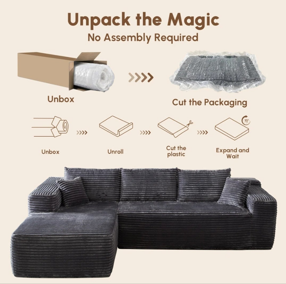 3-Piece No-Assembly Living Room Set, Plush Corduroy Modern Sectional Sofa With Loveseat And Chaise Lounge Bonless no wood or metal Boneless couch