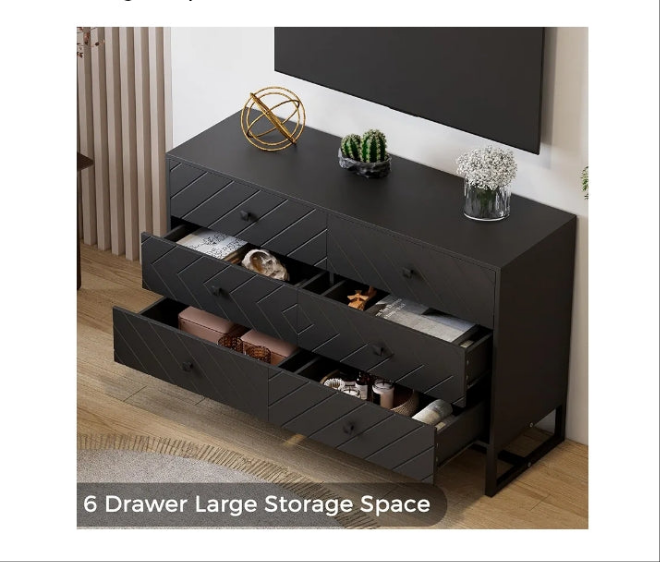 Black Dresser for Bedroom with 6 Drawers, Wood Dresser with Metal Handles, Wide Chest of Drawers, 6 Drawer Dresser for Living Room, Entryway, Hallway