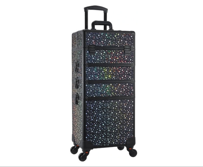 Rolling Makeup Train Case Large Storage Cosmetic Trolley 4 in 1 Large Capacity Trolley Makeup Travel Case with Key Swivel Wheels Salon Barber Case Traveling Cart Trunk