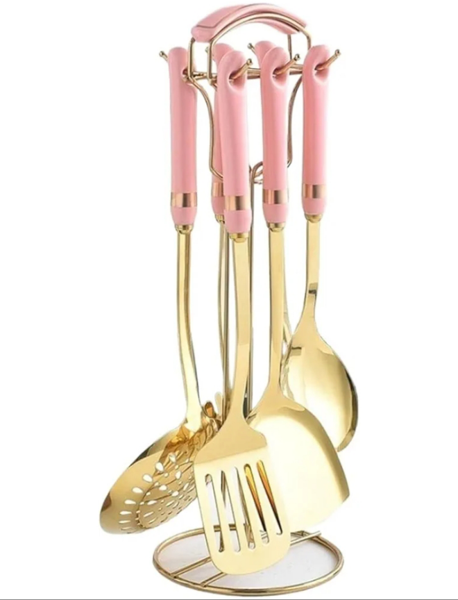 Stainless Steel Cooking utensils Spoons Spatulas Gadgets Bakeware Tools Kitchen Cookware 7 Pieces Sets (Pink)