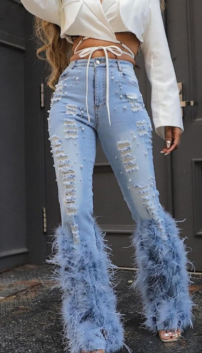 Pearl Feather Jeans Stretch Straight Leg Distressed Denim Pants