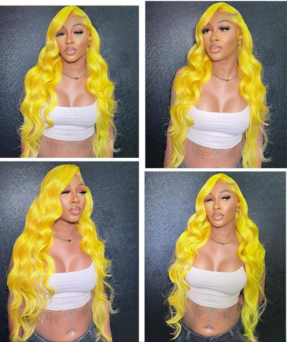 26 Inch Yellow Lace Front Wig Human Hair 200% Density Blonde Wig Human Hair Body Wave Lace Front Wigs Human Hair Pre Plucked 13x4 HD Lace Frontal Wig Yellow Colored Wigs Human Hair Glueless Wig