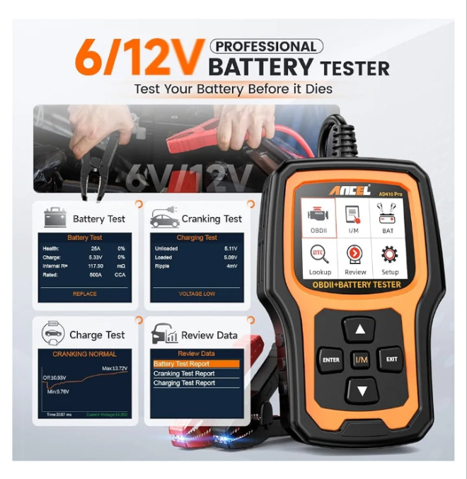 ANCEL AD410 Pro 2 in 1 OBD2 Scanner Battery Tester, OBD2 Scanner Diagnostic Tool for Car Check Engine Code Reader Scan Tool & 6V 12V 100-2000 CCA Battery Charging Cranking Test EVAP Live Data