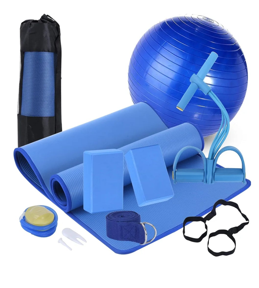 Yoga Mat Set,Yoga Mat with Carrying Strap,Yoga Blocks 2 Pack with Yoga Strap,Yoga Ball,Ankle Puller,11-Piece Yoga Kits and Sets ,Yoga Starter Kit for Women Men kids