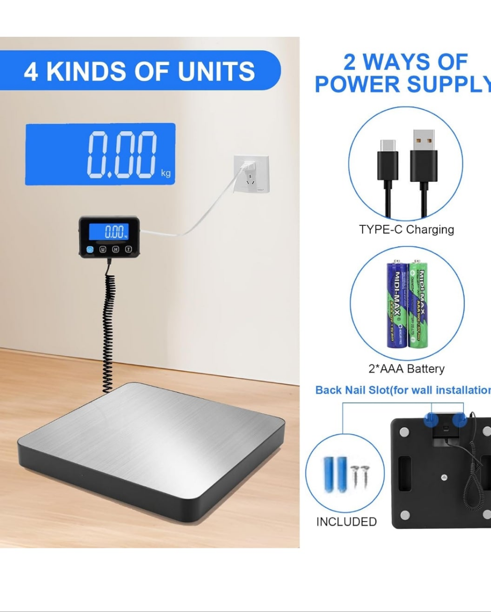 Digital Shipping Scale, 5g High Accuracy 440 lb Postal Scale with Hold and Tare Functions for Parcels/Luggage/Home, Manual/Auto Shutoff, Extended LCD Display, Batteries and AC Adapter Included
