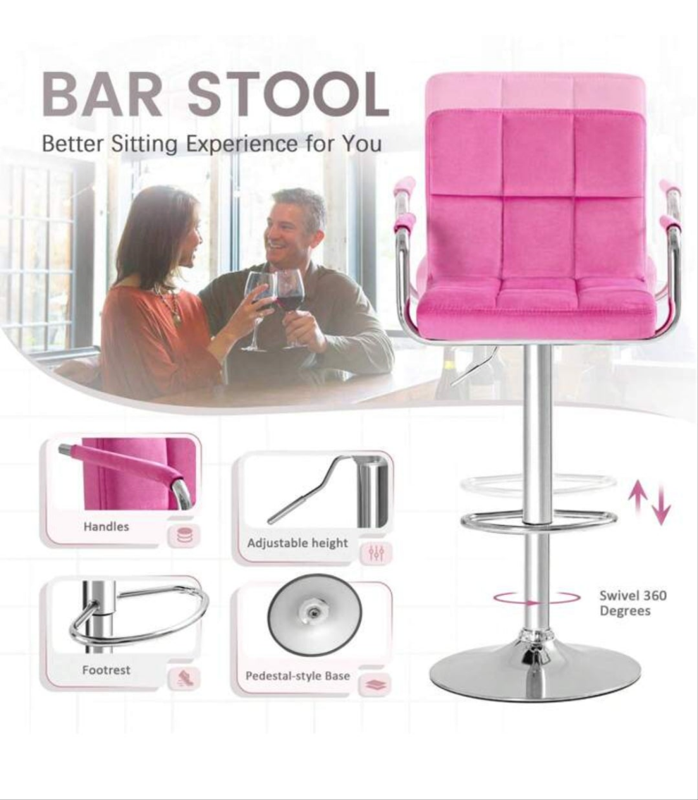 2 Velvet Modern Bar Stools Adjustable Swivel Barstools, Hydraulic Kitchen Counter Bar Stool Synthetic Leather Extra Height Square Island Barstool With Arms Set Of 2