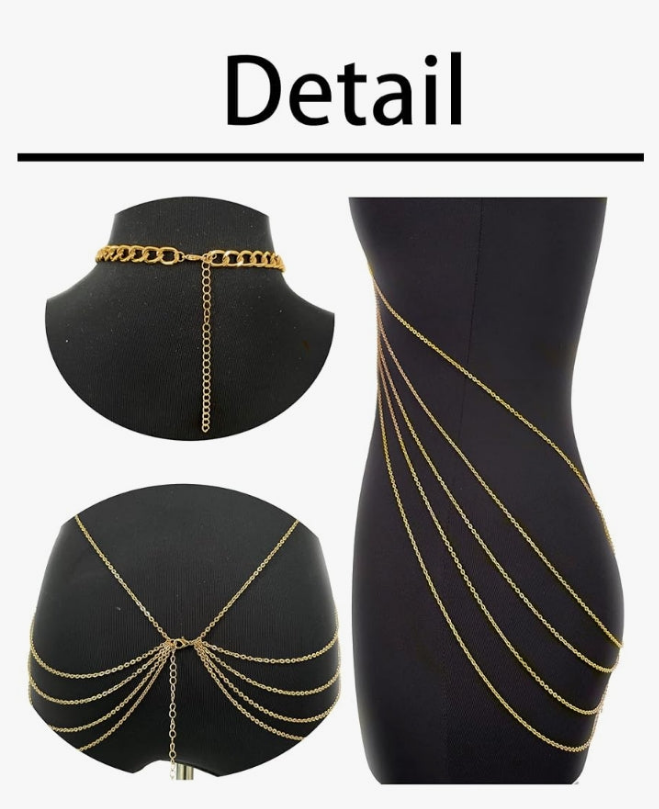 Harness Body Chain Sexy Layered Tassel Belly Waist Chain Necklace Boho Hot Bikini Nightclub Party Beach Body Jewelry for Women and Ladies Gold Tone