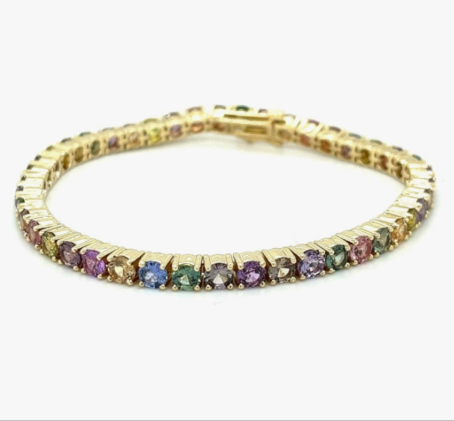 COCOMONEY 14k Gold Multicolor Sapphire Bracelet, 44 Round Stones, 13.68 Carats, 15.55 Grams