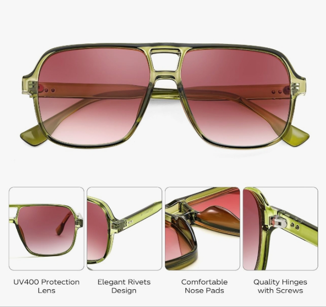 Square Pilot Sunglasses Women Men 70s Vintage Trendy Plastic Frame Sun Glasses